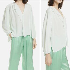 Vince Shirred Long Sleeve Silk Blouse Sea Foam Green Medium